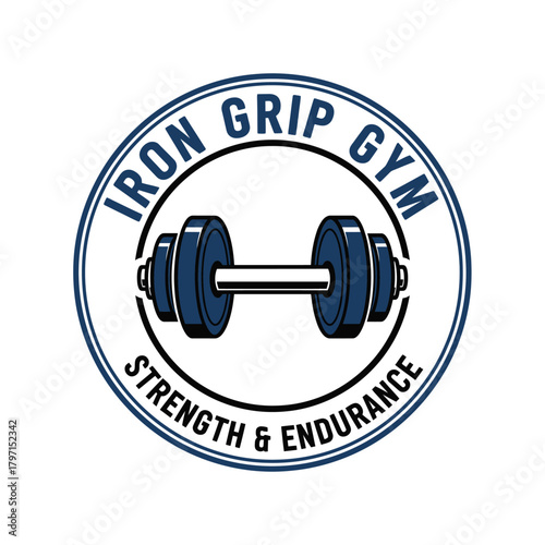 A circular emblem with a barbell at center, and text encircling it. Color scheme white, blue, black