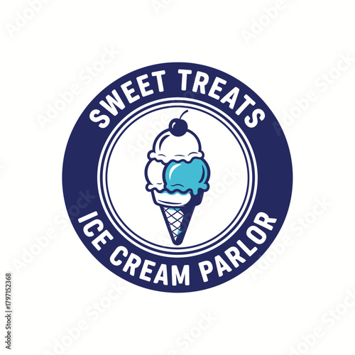 A circular logo with text encircling an ice cream cone. The cone holds two scoops and a cherry