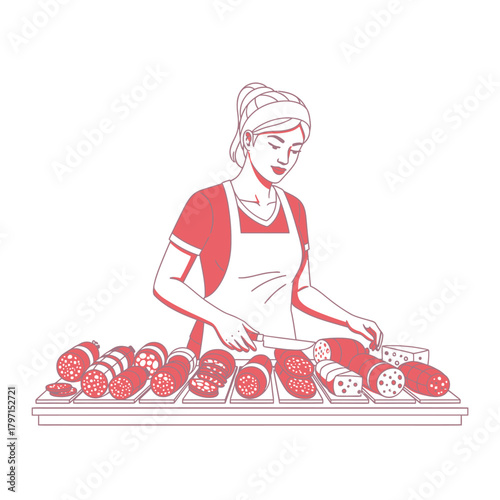 A woman in a red apron cuts sausage on a table full of different kinds of meats