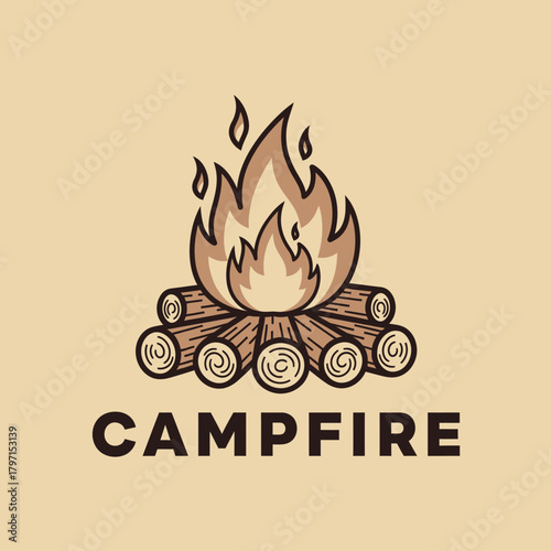 A stylized illustration depicting a campfire with flames atop stacked logs, with text below