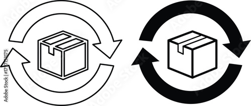 Two curved arrows encircle a box outline representing return, exchange, or packaging circulation on white