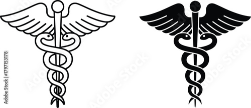 Two caduceus symbols, one in outline and one in silhouette, appear on a white background