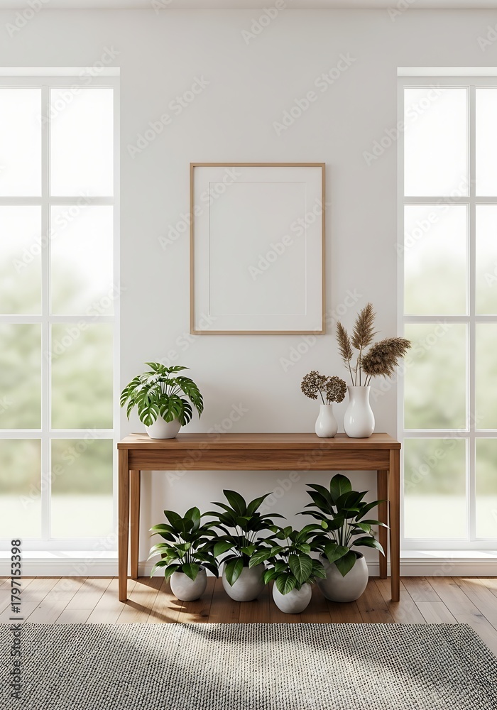 Fototapeta premium Tranquil and bright residential space featuring a fiddle-leaf fig and pampas grass decor accents