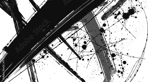 Abstract black ink brush strokes and splatters on