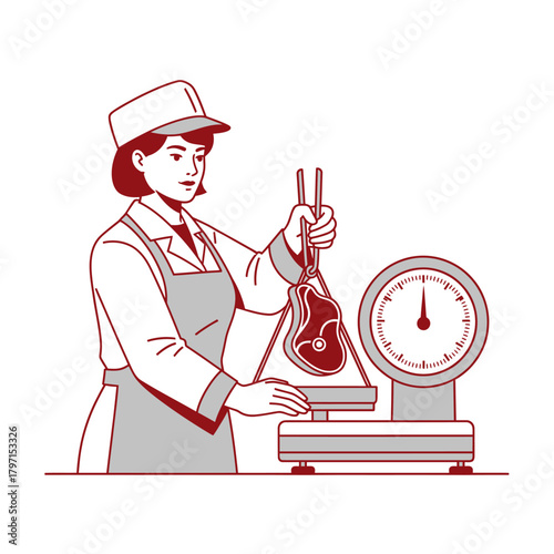 A butcher, in apron and hat, weighs a steak using tongs and a scale. White background
