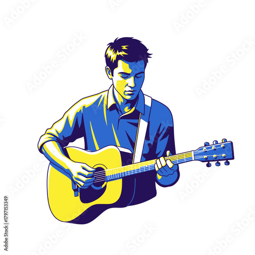 A young individual, bathed in light, plays the guitar, eyes closed in concentration