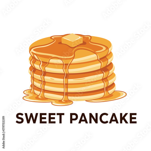 A stack of golden pancakes with syrup dripping down, topped with a square of butter