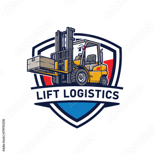 A stylized illustration of a forklift lifting a box within a shield. The words "LIFT LOGISTICS" are beneath