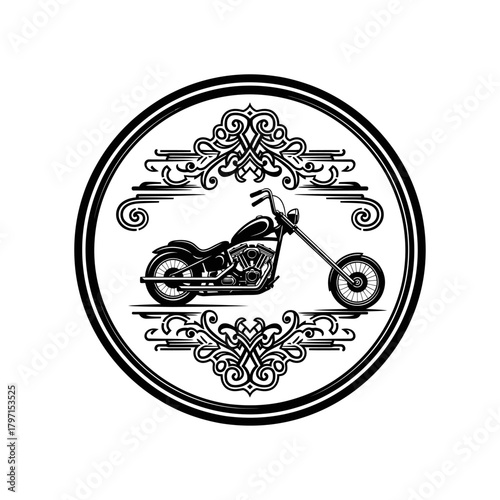 Black and white illustration featuring a stylized motorcycle enclosed within a circular ornate frame