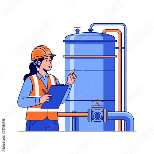 A female engineer with a clipboard and hardhat inspects a large industrial storage tank
