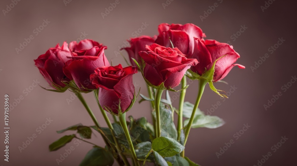 Fototapeta premium For weddings, birthdays, March 8th, mothers, or Valentine's Day, a luxurious bouquet of fresh red roses creates a festive concept on a greeting card with a red matte background, devoid of logos and
