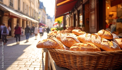 Freshly baked bread in a basket outside a Parisian bakery with busy street