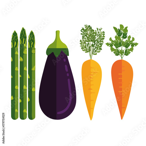 Very Simple flat 2D illustration of asparagus and carrots and eggplant isolated on a white background, vector icon set, simple design in a flat design, 2D illustration, EPS format design