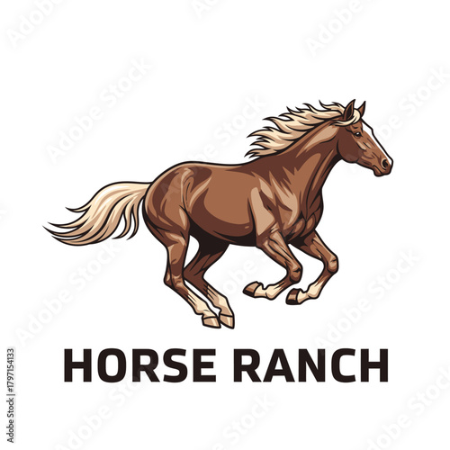 A brown horse galloping across a white background. It has a flowing mane and tail. Below is text