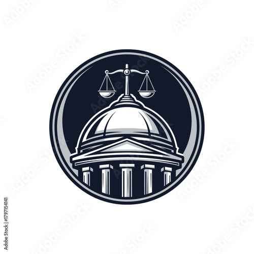 A round emblem featuring scales of justice above a domed building with columns, set within a circle