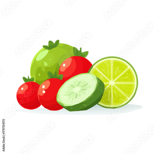 Very Simple flat 2D illustration of lime and cherry tomatos and cucumber slices isolated on a white background, vector icon set, simple design in a flat design, 2D illustration, EPS format design