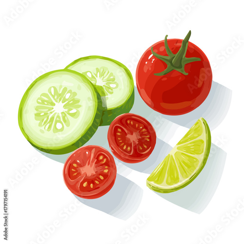 Very Simple flat 2D illustration of cherry tomatos and cucumber and lime isolated on a white background, vector icon set, simple design in a flat design, 2D illustration, EPS format design