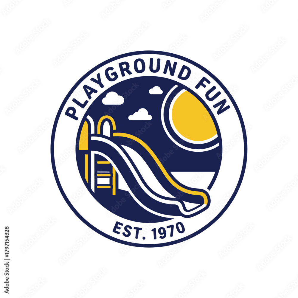 Obraz premium A circular emblem depicting a playground with a slide, sun, clouds, and text