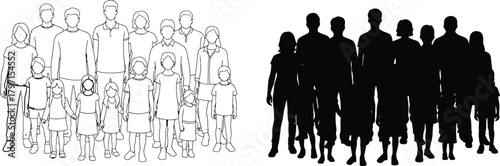 Line art family group portrays parents with children standing together alongside their black silhouette version