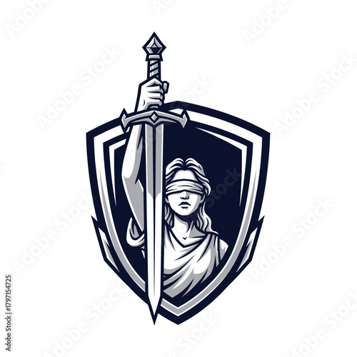 A grayscale emblem features a blindfolded woman, sword, and shield design