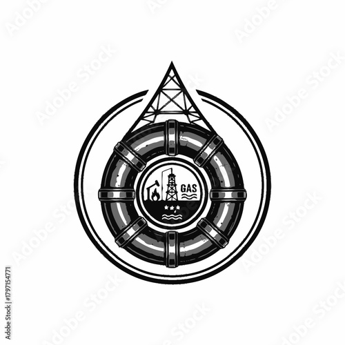 A stylized black and white illustration of an oil rig within a life preserver shape