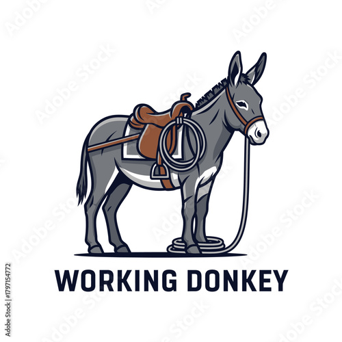 A gray donkey illustration, equipped with a saddle and rope, stands proudly against a white background