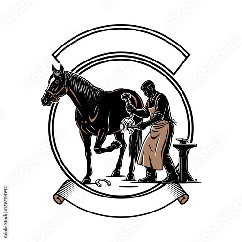 A detailed illustration depicts a farrier fitting a horseshoe on a horse within a circular frame
