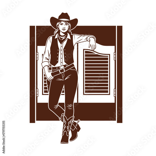 A cowgirl, with a cowboy hat and boots, leans against a swinging saloon door