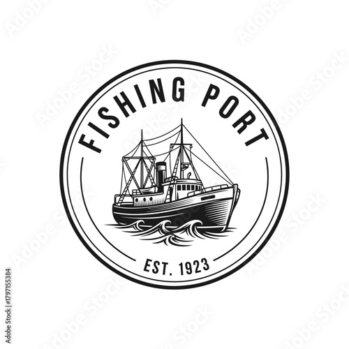 A detailed monochrome circular emblem featuring a fishing vessel on stylized waves, and text
