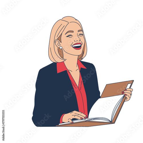 A smiling woman with short blonde hair wears a suit and red blouse, holding an open book