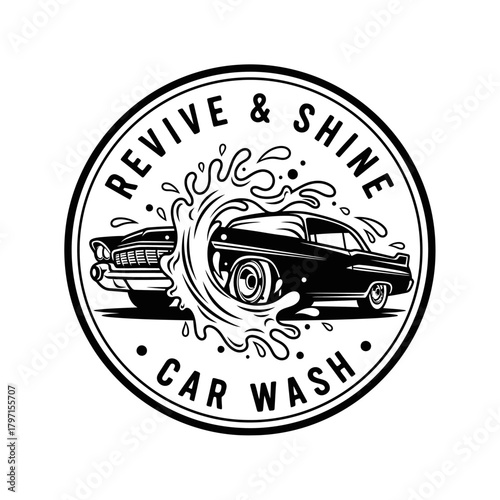 A stylized car wash logo featuring a classic car engulfed in water within a circular frame