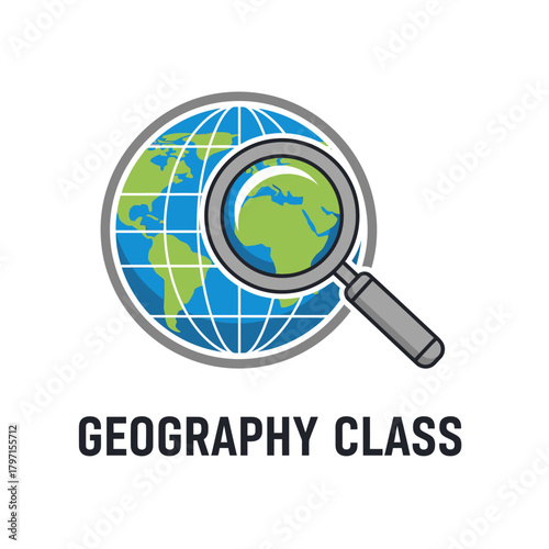 A globe viewed through a magnifying glass, with text below. Ideal for a geography-related presentation