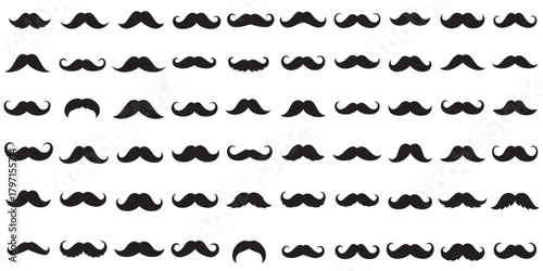Mustache silhouette icon set in black vector style, diverse facial hair shapes for character design, grooming, fashion, and illustration use, Mustache silhouette icon


