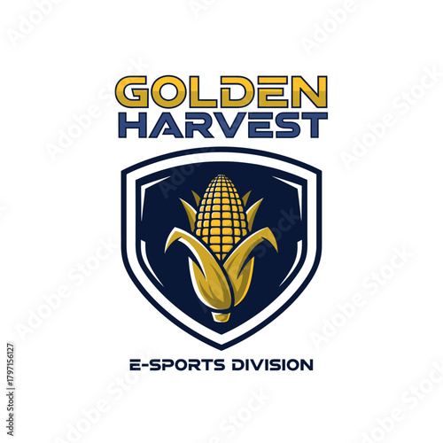 A logo design with the words "Golden Harvest" above a shield that contains an ear of corn