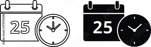 Calendar displaying number 25 with clock illustration in two different designs shown here