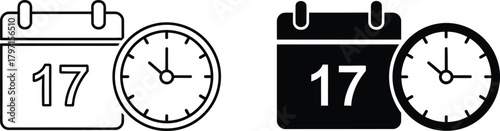 Calendar icon displaying the 17th of the month and a clock icon are placed together