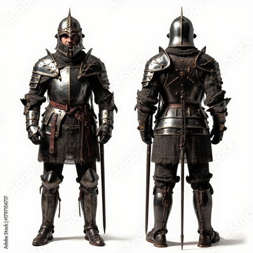 Full-Body View of Dark, Weathered Fantasy Knight in Spiked Armor and Chainmail (Front and Back)

Description (Descripción)
A commanding, full-body studio render displaying a formidable dark fantasy kn