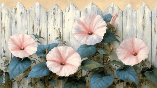 Wallpaper Mural Clematis vine adorned with pink rose flowers is scaling a trellis and railing Torontodigital.ca