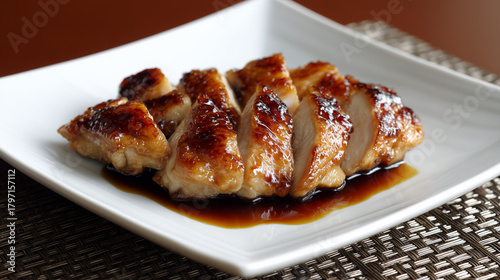 飴色に輝く濃厚な照り焼きソースと鶏肉のコントラストが美しいシンプルに盛り付けられた和風グリルチキン