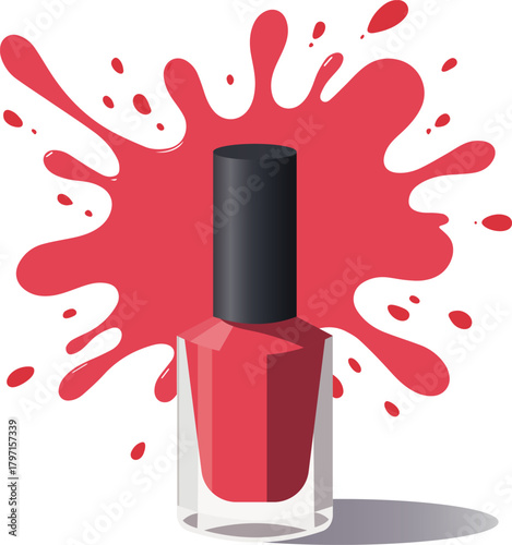 A vibrant illustration of a red nail polish bottle standing in front of a bold red paint splash. The clean vector style and dynamic splash effect highlight beauty, fashion, and cosmetics
