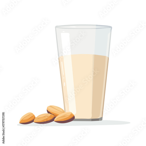 Icon clipart, Minimalistic 2D flat icon featuring a almond milk glass and almond nut isolated on a white background, an element in vector and EPS format. clean vector design, simple illustration style