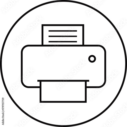 Printer icon, print device vector modern  line outline printer symbols for office, technology, documents, and paper printing, black and white circle button icons pack