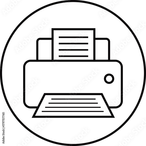Printer icon, print device vector modern  line outline printer symbols for office, technology, documents, and paper printing, black and white circle button icons pack