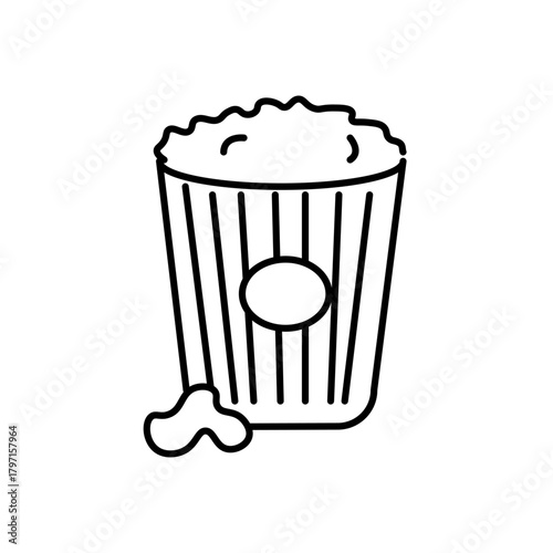 A single, isolated popcorn icon. Black and white vector illustration in doodle style. Holidays and vacations. Can be used in mobile apps, websites, and advertising.