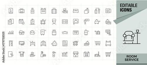 Room Service vector line icon set. Minimal icons collection. It contains symbols to building, room, care, hotel service. Editable stroke. Hotel Service icon pack.