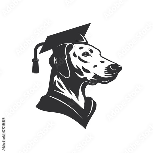 Clever Dog Head wearing Graduation Cap and Gown. Black and White Illustration of an Educated Canine.
