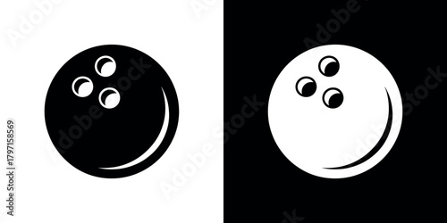Black and White Bowling Ball Icon with Finger Holes, Contrasting Backgrounds