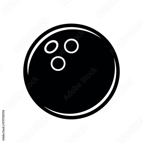 Black bowling ball with three white finger holes on transparent background simple design