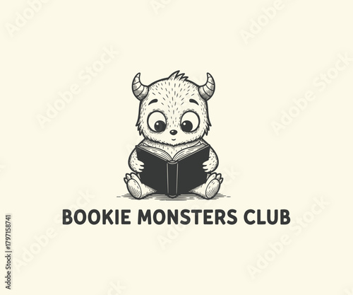 Bookie monsters club logo with cute monster reading book design