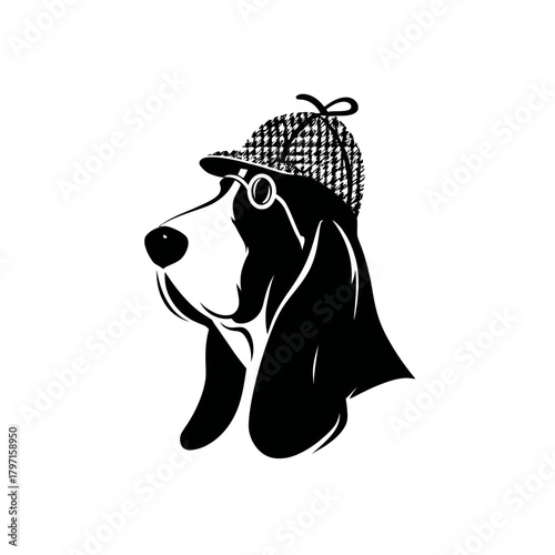 Monochromatic vector graphic of a sophisticated dog in a traditional detective hat and monocle, isolated on white.